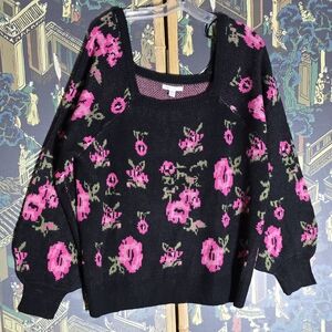 Cato Womens Square Neck Sweater Black Pink Floral Long Sleeve Size 22/24W